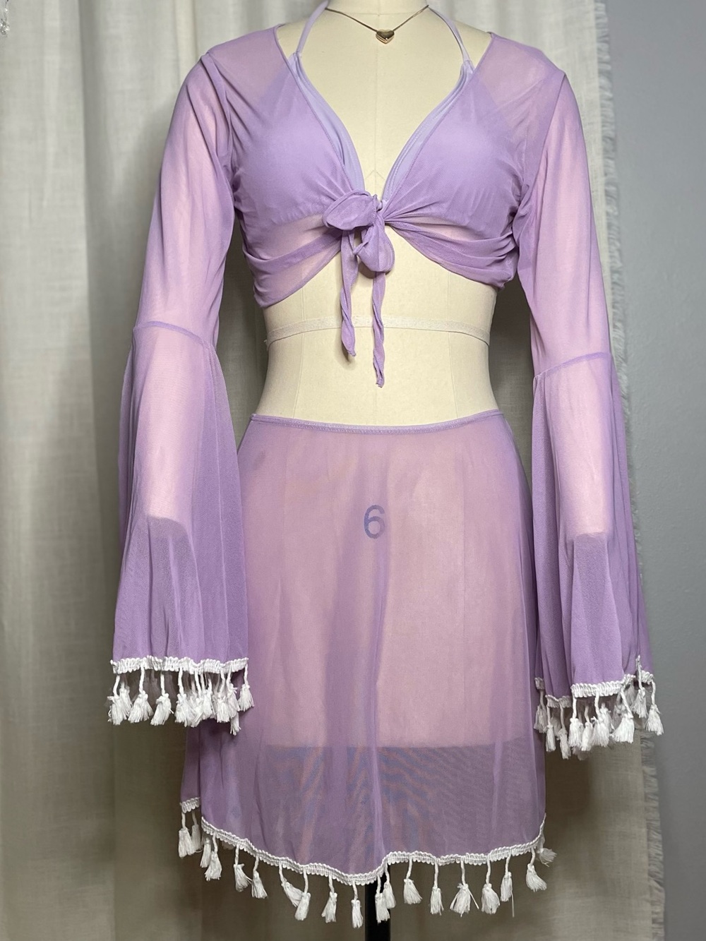 💜2-Piece Lavender Sheer Tie-Front Crop Top & Skirt Set Swim Cover-Up Size M